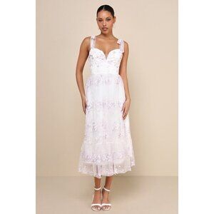 Lulus Distinctly Sweet White Floral Embroidered Tie-strap Midi Dress - Size L